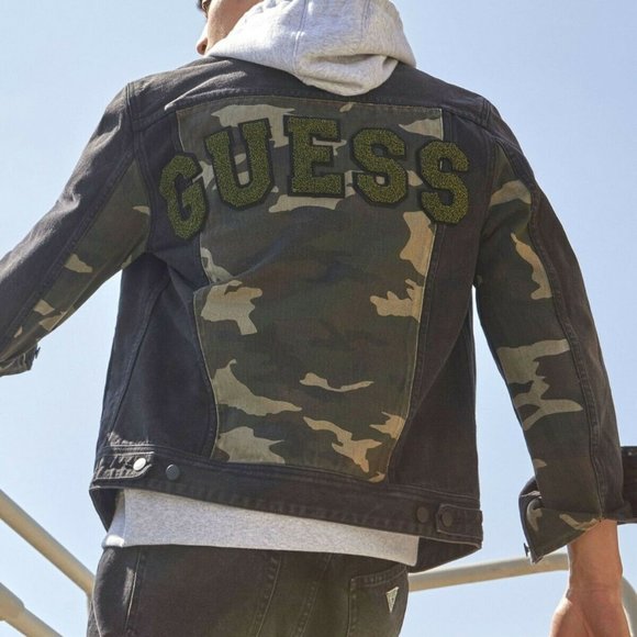 New GUESS Dillon Varsity Camo Denim Jacket sz M - Picture 2 of 12